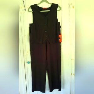 2 Piece Scuba Black Button Vest & Pull-On Wide Leg Pant
